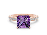 Rose gold Princess Cut Amethyst Solitaire Ring with Round  Pavé Band and Four-Prong Setting_44