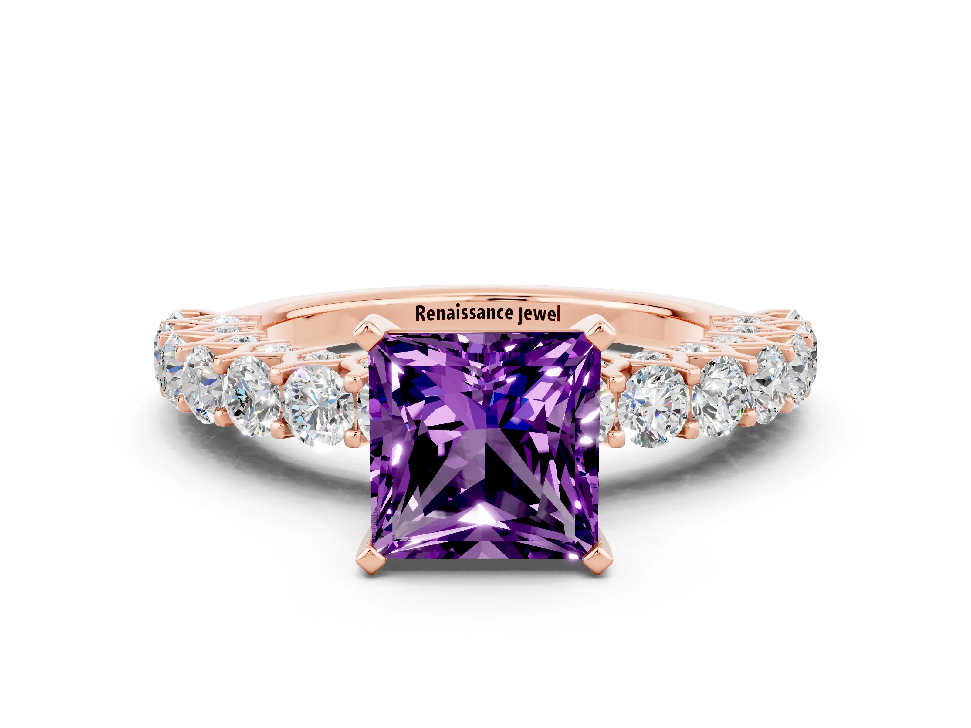 Rose gold Princess Cut Amethyst Solitaire Ring with Shared Prong Pavé Band and Four-Prong Setting