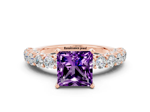 Rose gold Princess Cut Amethyst Solitaire Ring with Shared Prong Pavé Band and Four-Prong Setting
