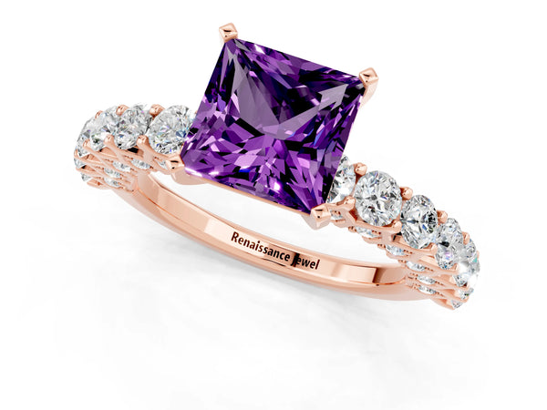 Rose gold Princess Cut Amethyst Solitaire Ring with Shared Prong Pavé Band and Four-Prong Setting