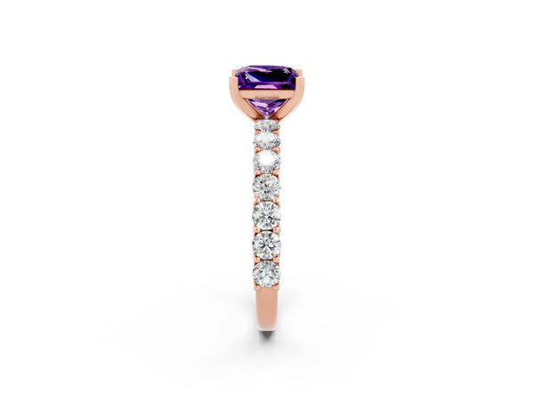Rose gold Princess Cut Amethyst Solitaire Ring with Shared Prong Pavé Band and Four-Prong Setting