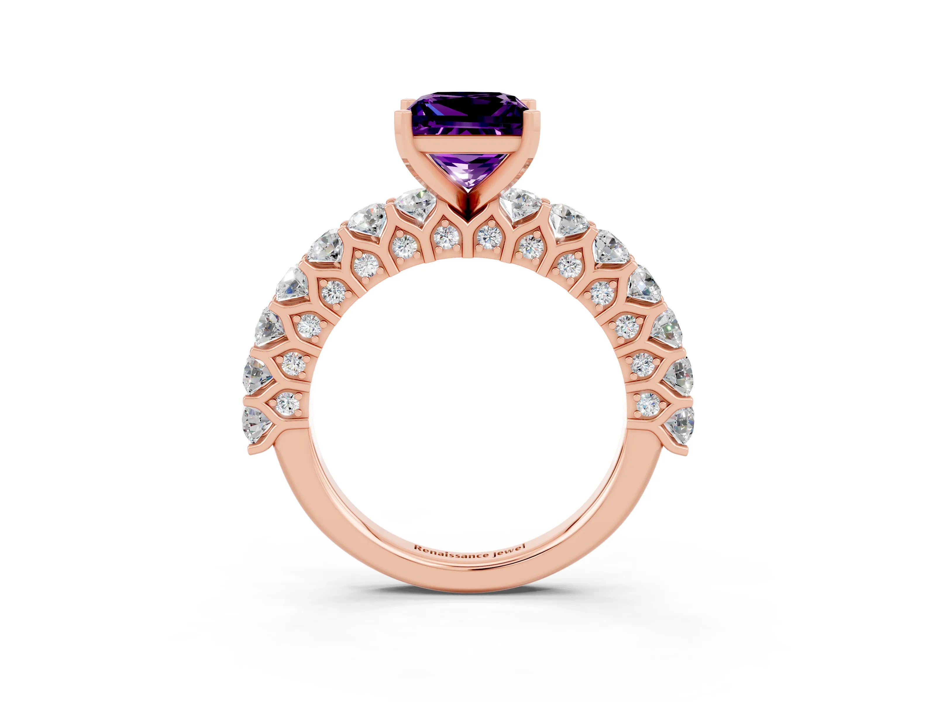 Rose gold Princess Cut Amethyst Solitaire Ring with Shared Prong Pavé Band and Four-Prong Setting_3