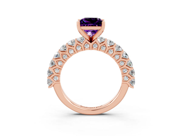 Rose gold Princess Cut Amethyst Solitaire Ring with Shared Prong Pavé Band and Four-Prong Setting