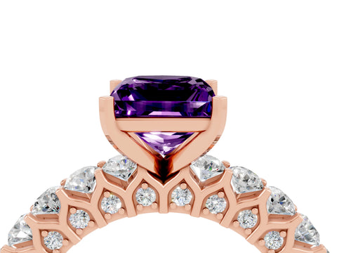 Rose gold Princess Cut Amethyst Solitaire Ring with Shared Prong Pavé Band and Four-Prong Setting_4