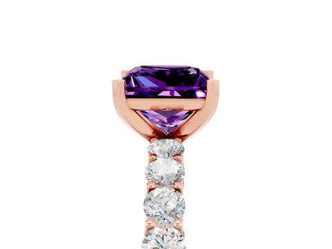Rose gold Princess Cut Amethyst Solitaire Ring with Shared Prong Pavé Band and Four-Prong Setting_5
