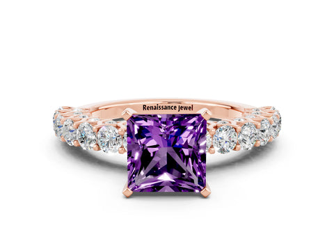 Rose gold Princess Cut Amethyst Solitaire Ring with Shared Prong Pavé Band and Four-Prong Setting