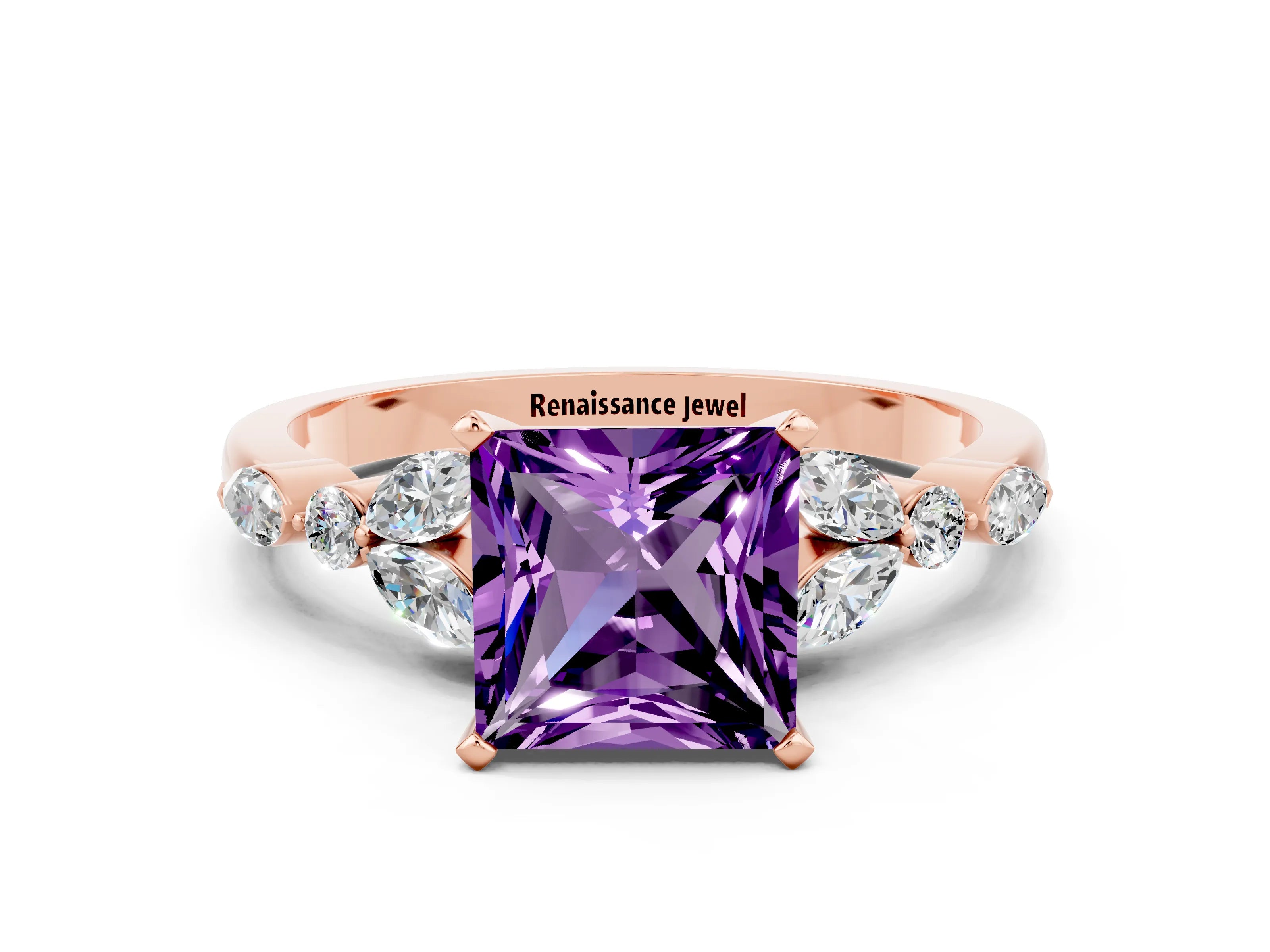 Rose gold Princess Cut Amethyst Solitaire Ring with Side Stones and Four-Prong Setting_12
