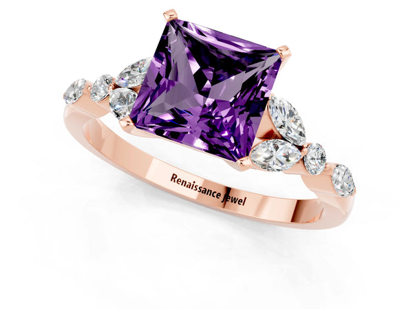 Rose gold Princess Cut Amethyst Solitaire Ring with Side Stones and Four-Prong Setting