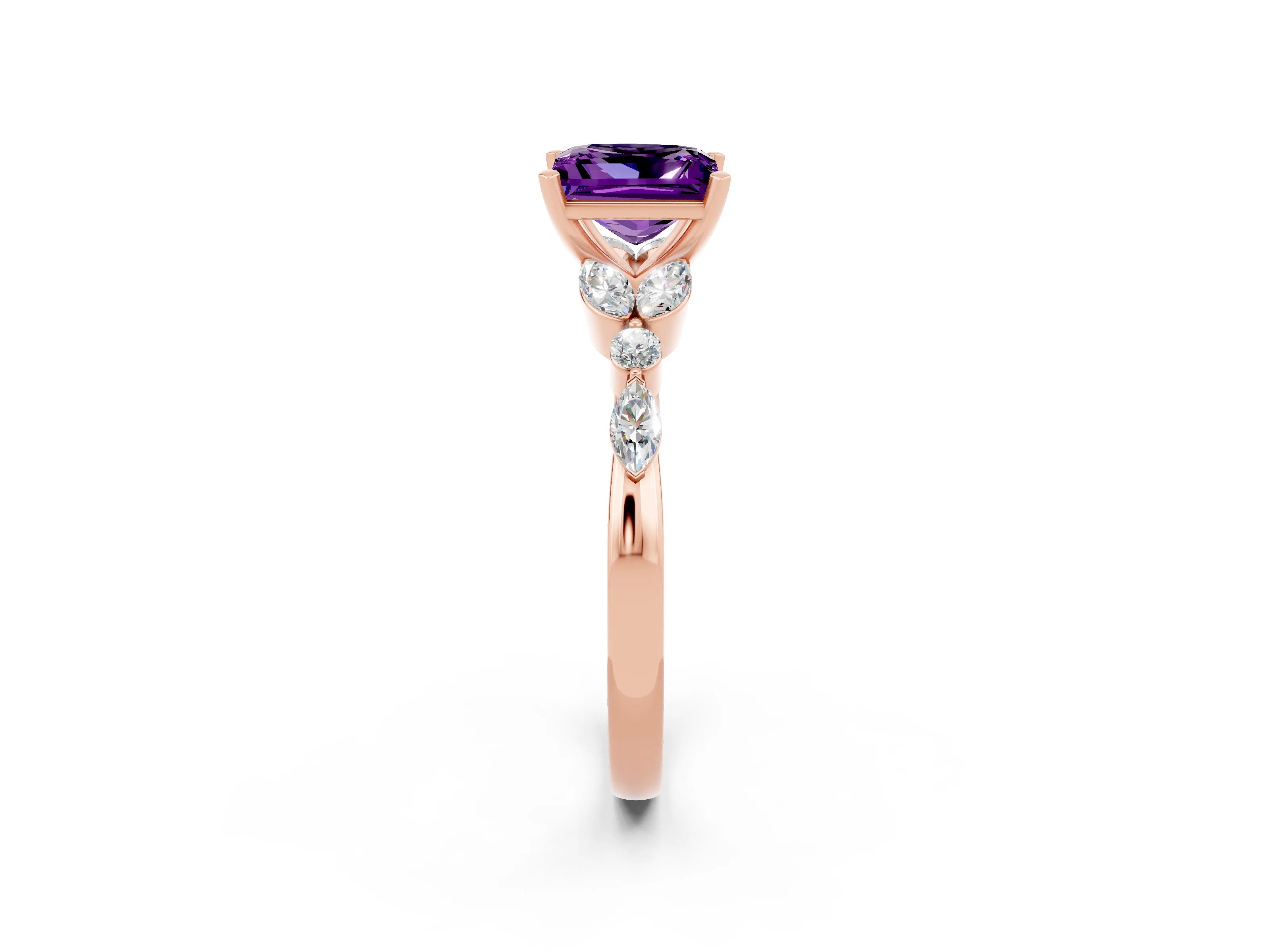 Rose gold Princess Cut Amethyst Solitaire Ring with Side Stones and Four-Prong Setting_14