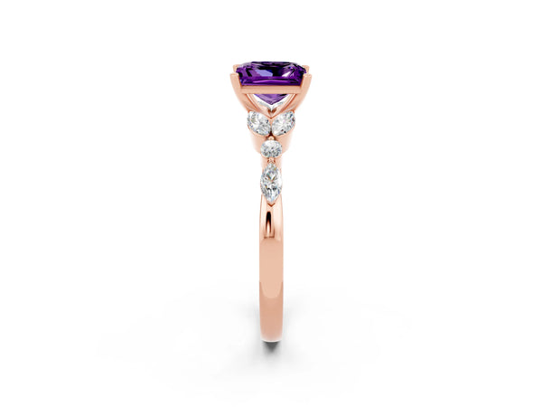 Rose gold Princess Cut Amethyst Solitaire Ring with Side Stones and Four-Prong Setting