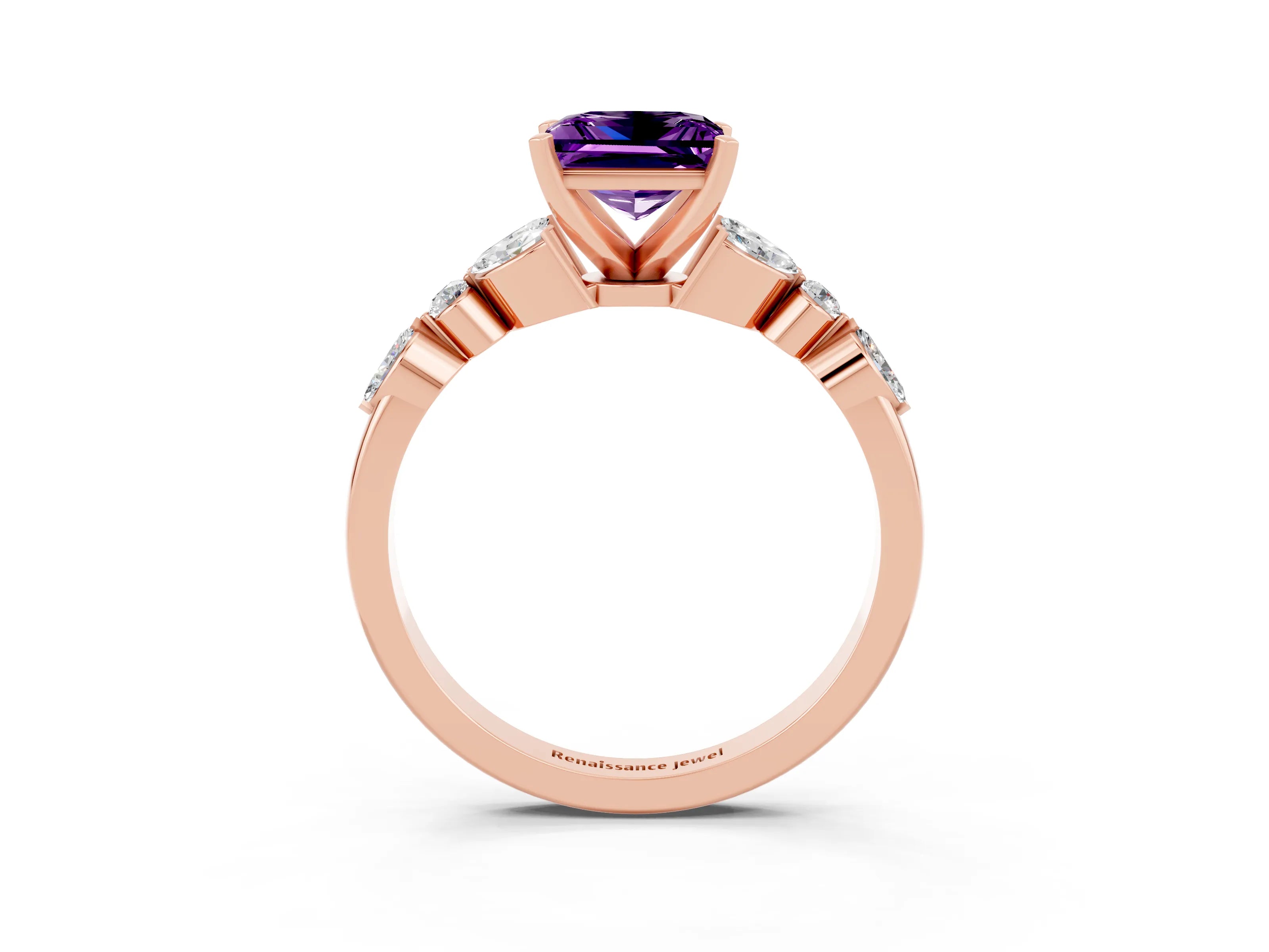 Rose gold Princess Cut Amethyst Solitaire Ring with Side Stones and Four-Prong Setting_15