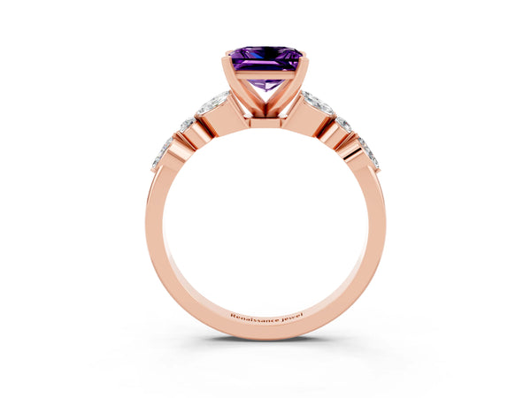 Rose gold Princess Cut Amethyst Solitaire Ring with Side Stones and Four-Prong Setting