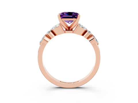 Rose gold Princess Cut Amethyst Solitaire Ring with Side Stones and Four-Prong Setting_15