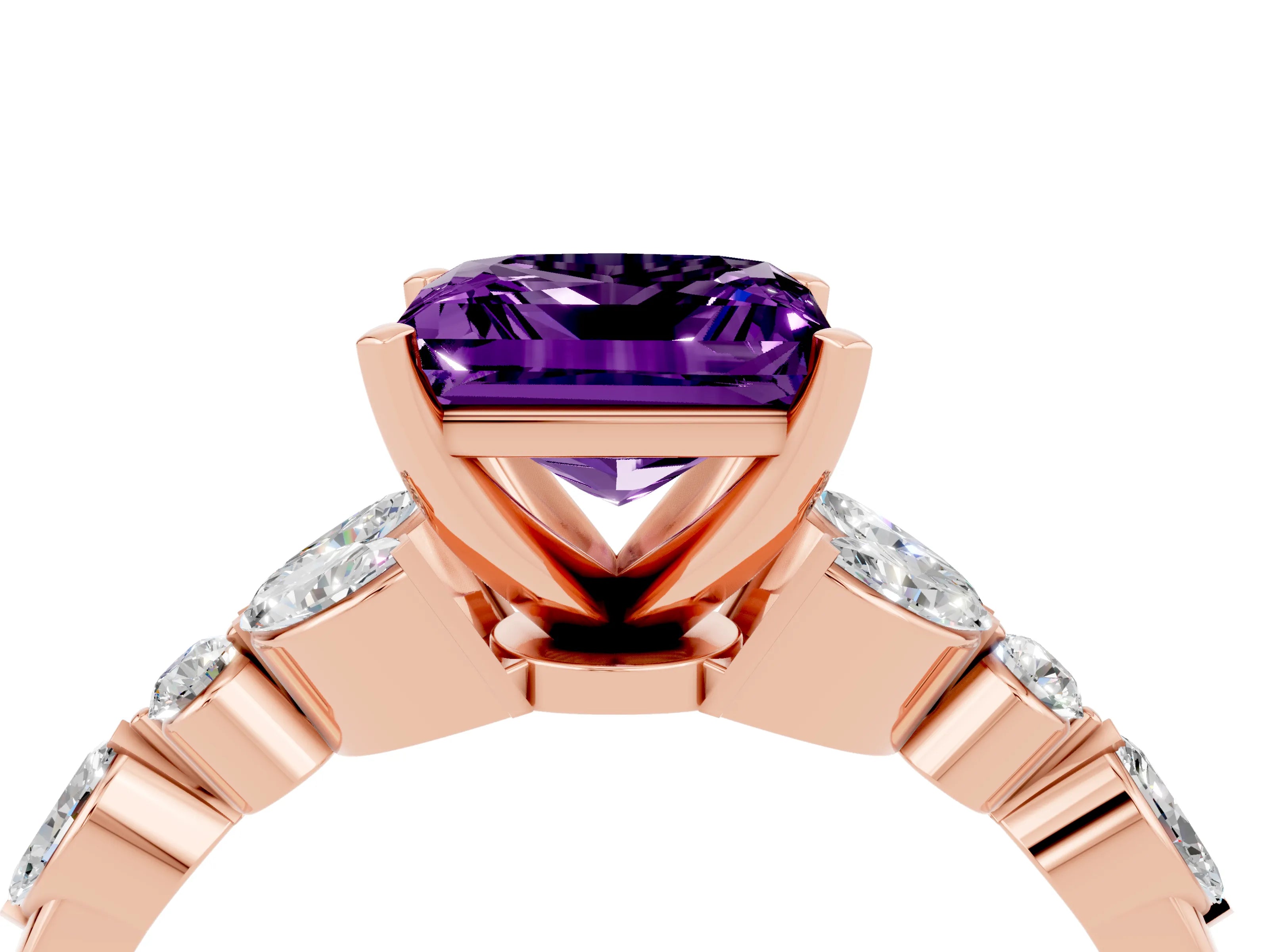 Rose gold Princess Cut Amethyst Solitaire Ring with Side Stones and Four-Prong Setting_16