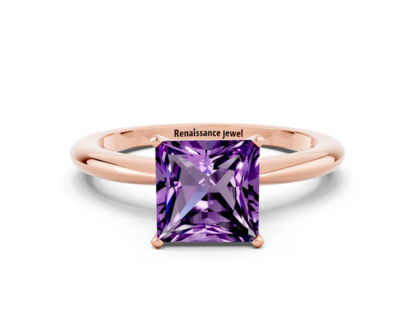 Rose gold Princess Cut Amethyst Solitaire Ring with Six-Prong Setting and Classic Band