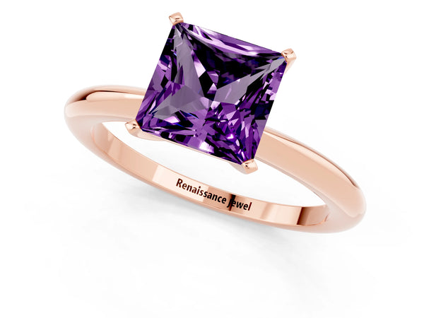 Rose gold Princess Cut Amethyst Solitaire Ring with Six-Prong Setting and Classic Band