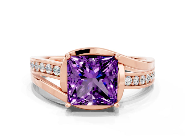 Rose gold Princess Cut Amethyst Solitaire Ring with Split Shank and Prong Setting