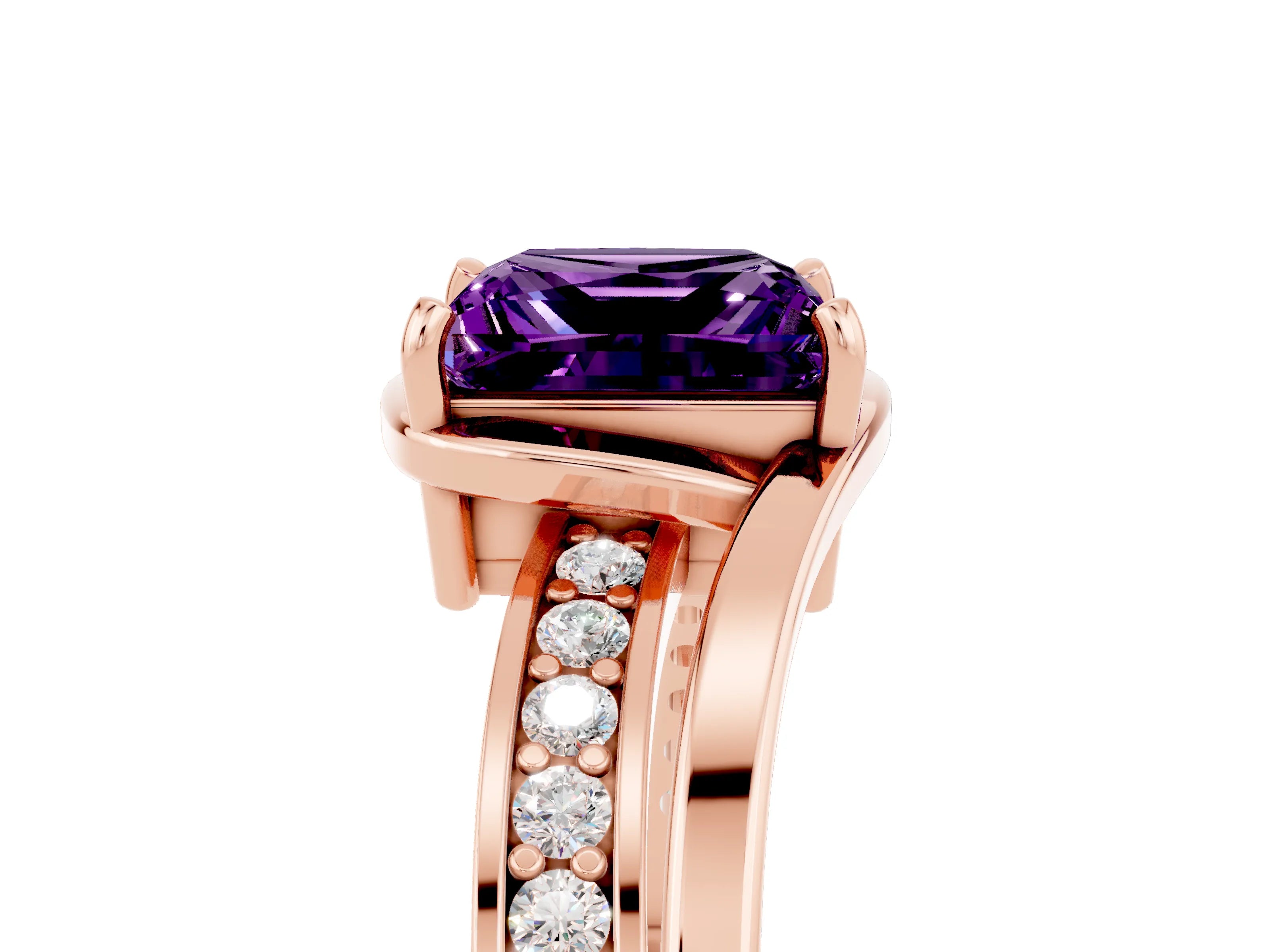 Rose gold Princess Cut Amethyst Solitaire Ring with Split Shank and Prong Setting_5