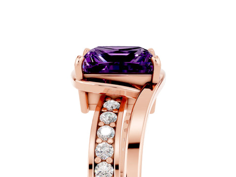 Rose gold Princess Cut Amethyst Solitaire Ring with Split Shank and Prong Setting_5