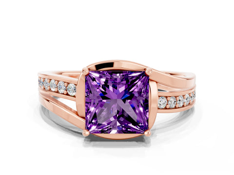 Rose gold Princess Cut Amethyst Solitaire Ring with Split Shank and Prong Setting