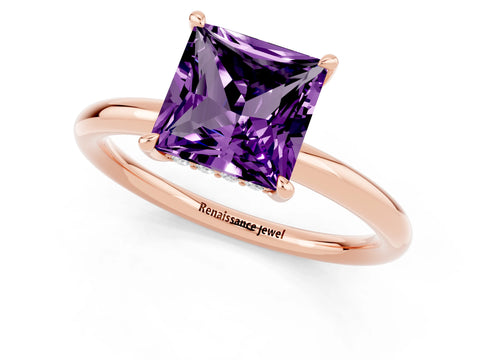 Rose gold Princess Cut Amethyst Solitaire Ring with Thin Band and Four-Prong Setting_1