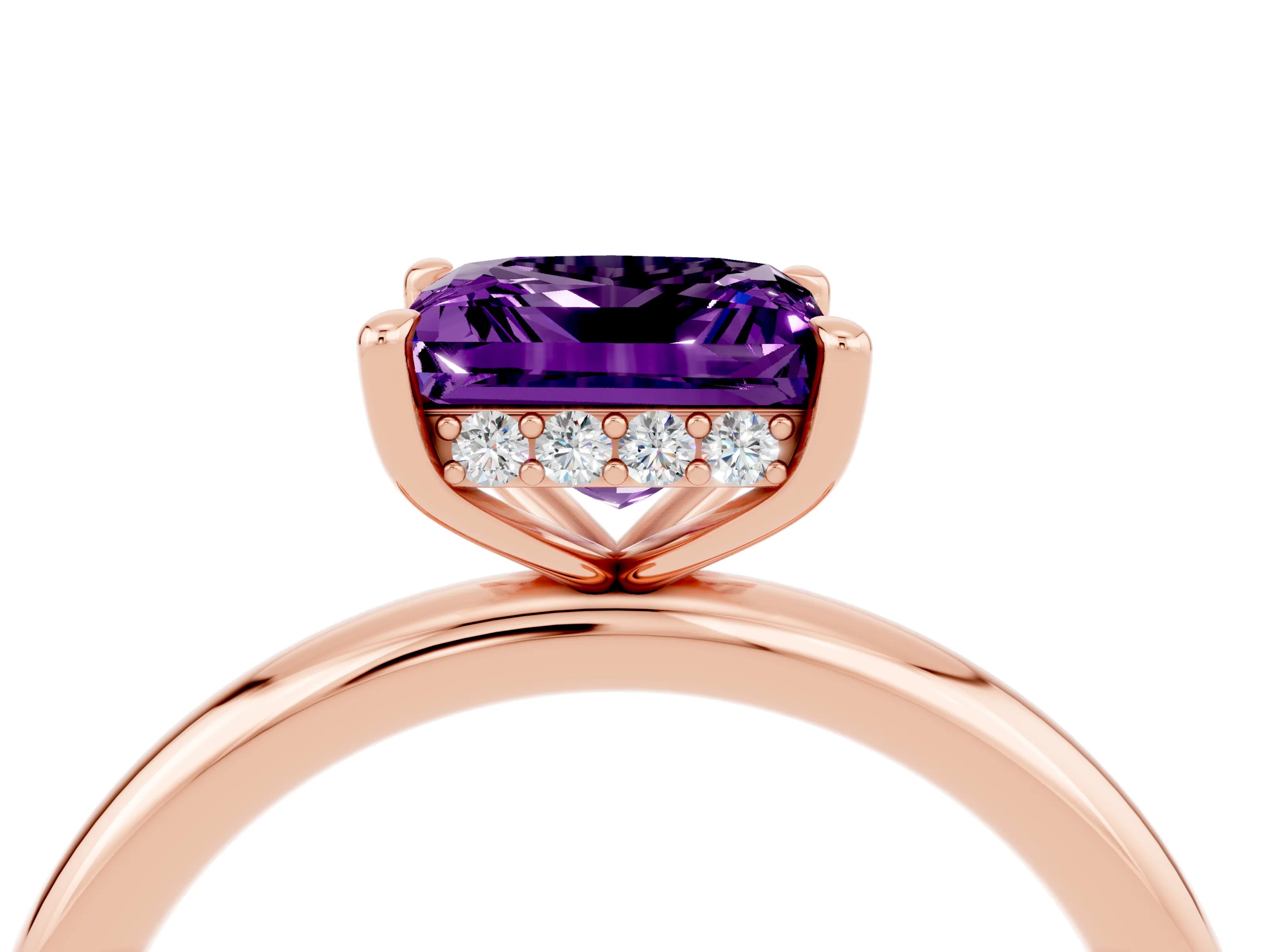 Rose gold Princess Cut Amethyst Solitaire Ring with Thin Band and Four-Prong Setting_4