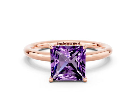 Rose gold Princess Cut Amethyst Solitaire Ring with Thin Band and Four-Prong Setting
