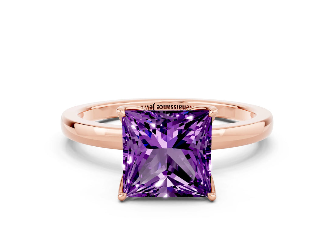 Rose gold Princess Cut Amethyst Solitaire Ring with Thin Band and Prong Setting_12