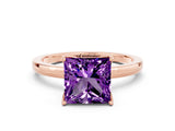 Rose gold Princess Cut Amethyst Solitaire Ring with Thin Band and Prong Setting_12