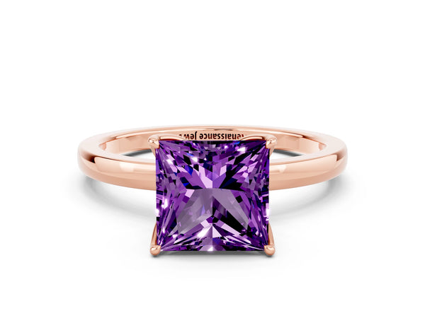 Rose gold Princess Cut Amethyst Solitaire Ring with Thin Band and Prong Setting