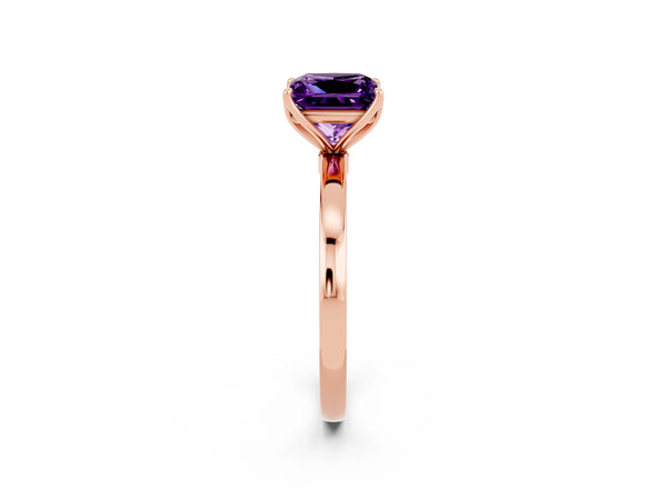 Rose gold Princess Cut Amethyst Solitaire Ring with Thin Band and Prong Setting