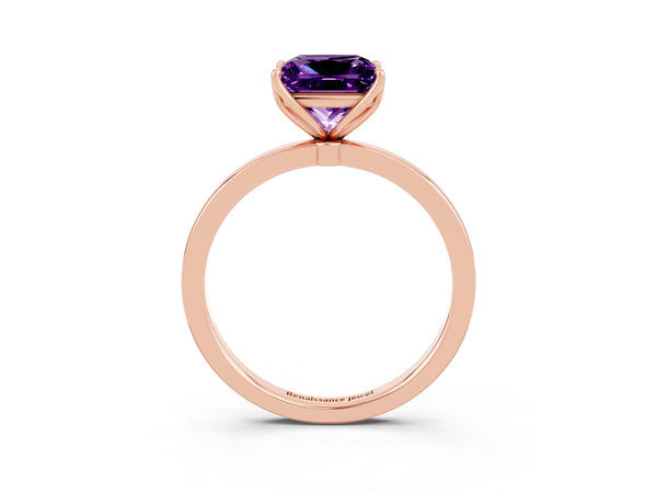Rose gold Princess Cut Amethyst Solitaire Ring with Thin Band and Prong Setting
