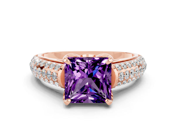 Rose gold Princess Cut Amethyst Solitaire Ring with Three-Row Pavé Band and Four-Prong Setting