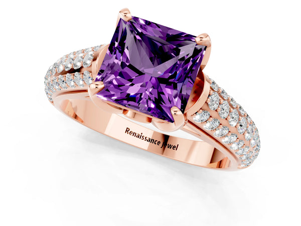 Rose gold Princess Cut Amethyst Solitaire Ring with Three-Row Pavé Band and Four-Prong Setting