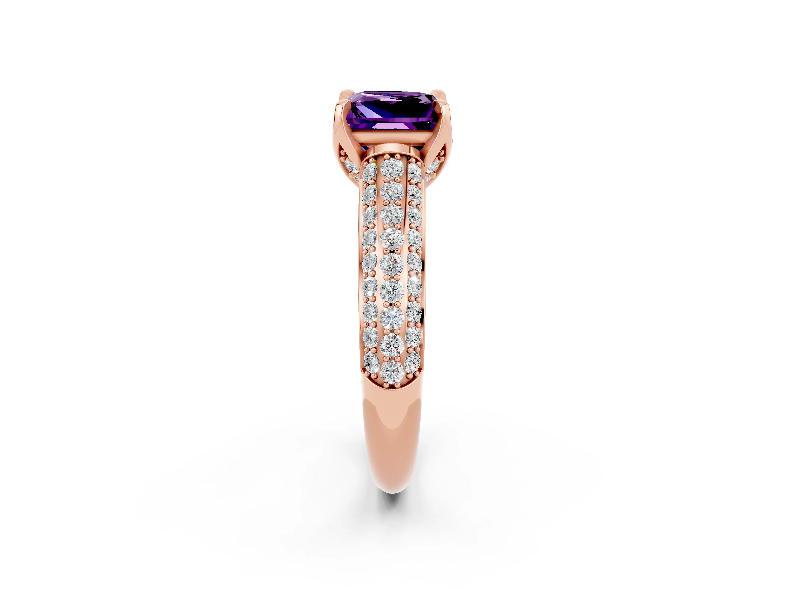 Rose gold Princess Cut Amethyst Solitaire Ring with Three-Row Pavé Band and Four-Prong Setting_14