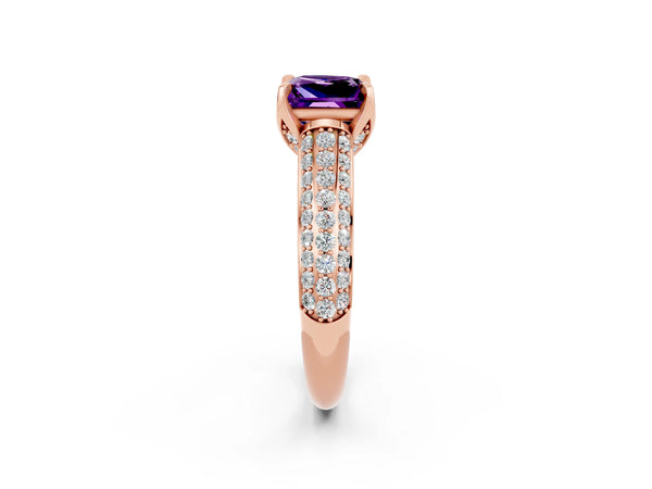 Rose gold Princess Cut Amethyst Solitaire Ring with Three-Row Pavé Band and Four-Prong Setting