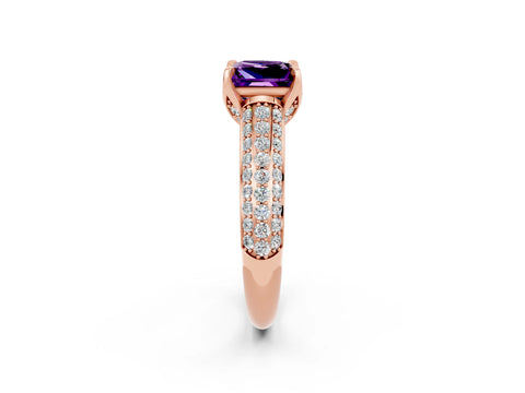 Rose gold Princess Cut Amethyst Solitaire Ring with Three-Row Pavé Band and Four-Prong Setting_14