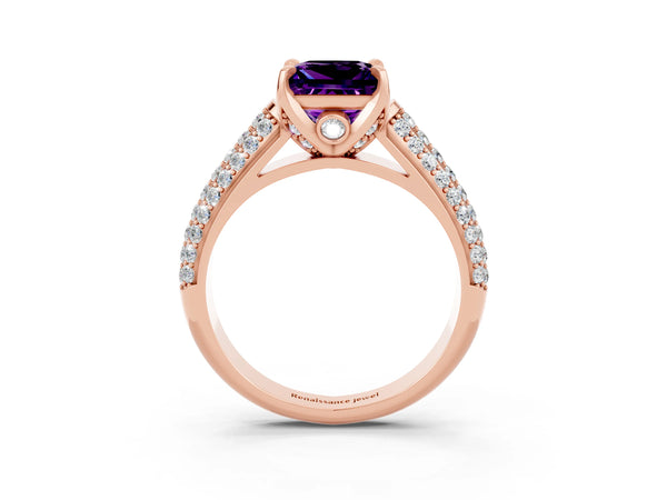 Rose gold Princess Cut Amethyst Solitaire Ring with Three-Row Pavé Band and Four-Prong Setting