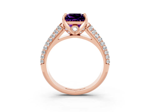Rose gold Princess Cut Amethyst Solitaire Ring with Three-Row Pavé Band and Four-Prong Setting_15