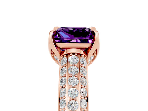 Rose gold Princess Cut Amethyst Solitaire Ring with Three-Row Pavé Band and Four-Prong Setting_17