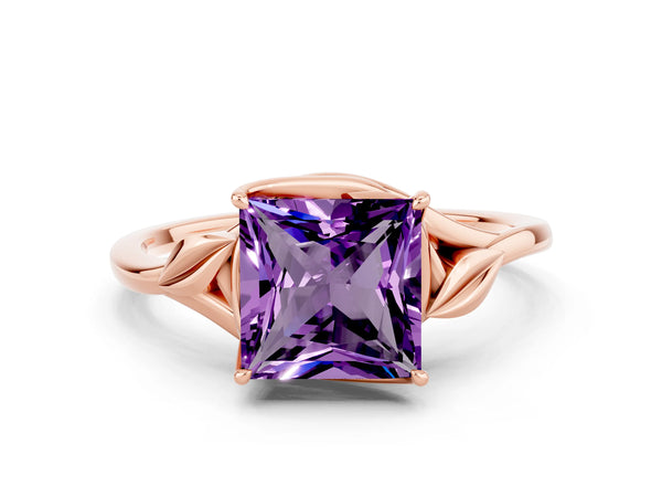 Rose gold Princess Cut Amethyst Solitaire Ring with Twist Band and Four-Prong Setting