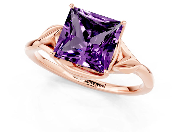 Rose gold Princess Cut Amethyst Solitaire Ring with Twist Band and Four-Prong Setting