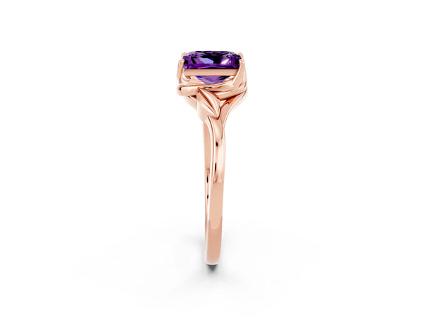 Rose gold Princess Cut Amethyst Solitaire Ring with Twist Band and Four-Prong Setting