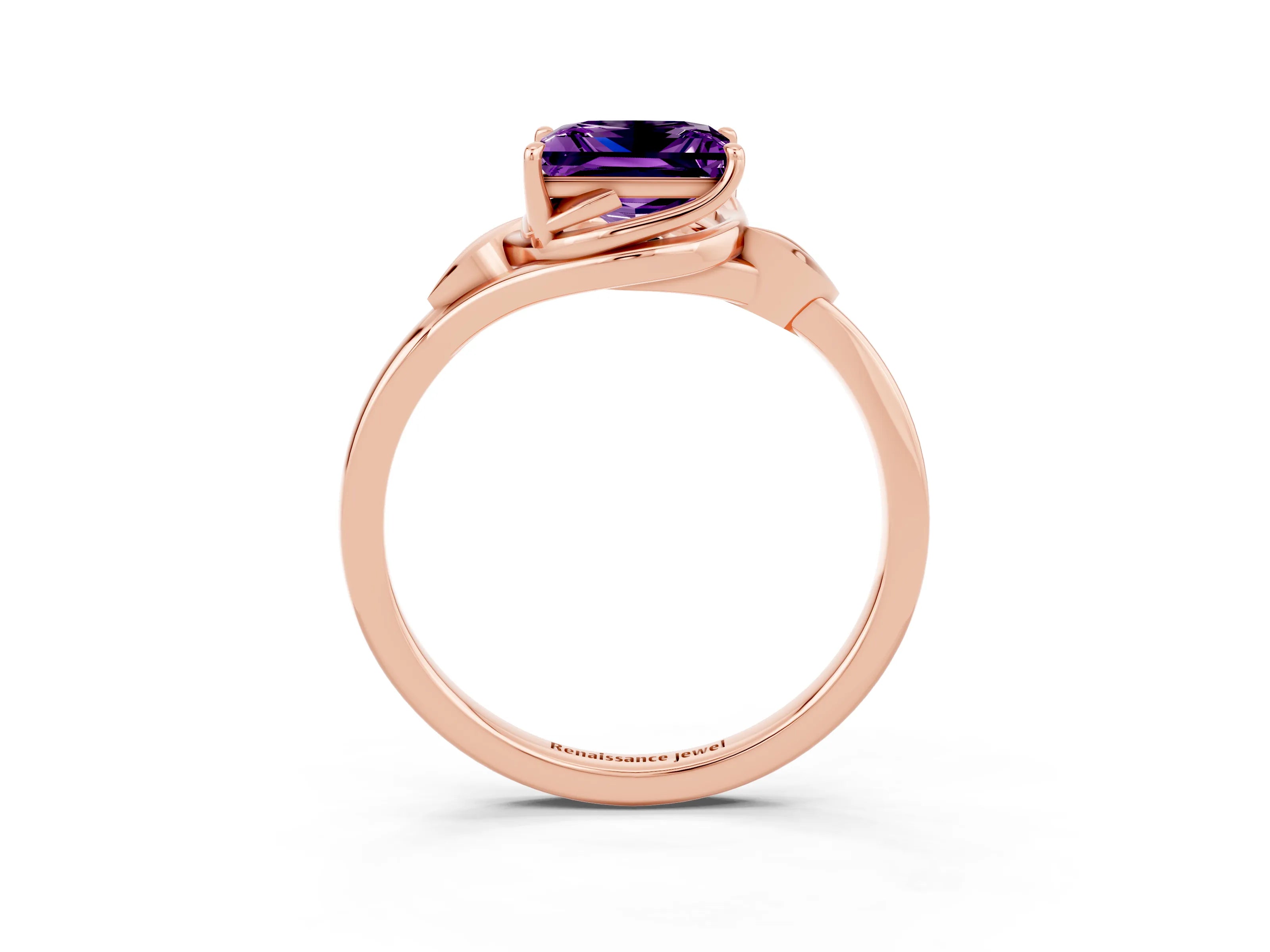 Rose gold Princess Cut Amethyst Solitaire Ring with Twist Band and Four-Prong Setting_27