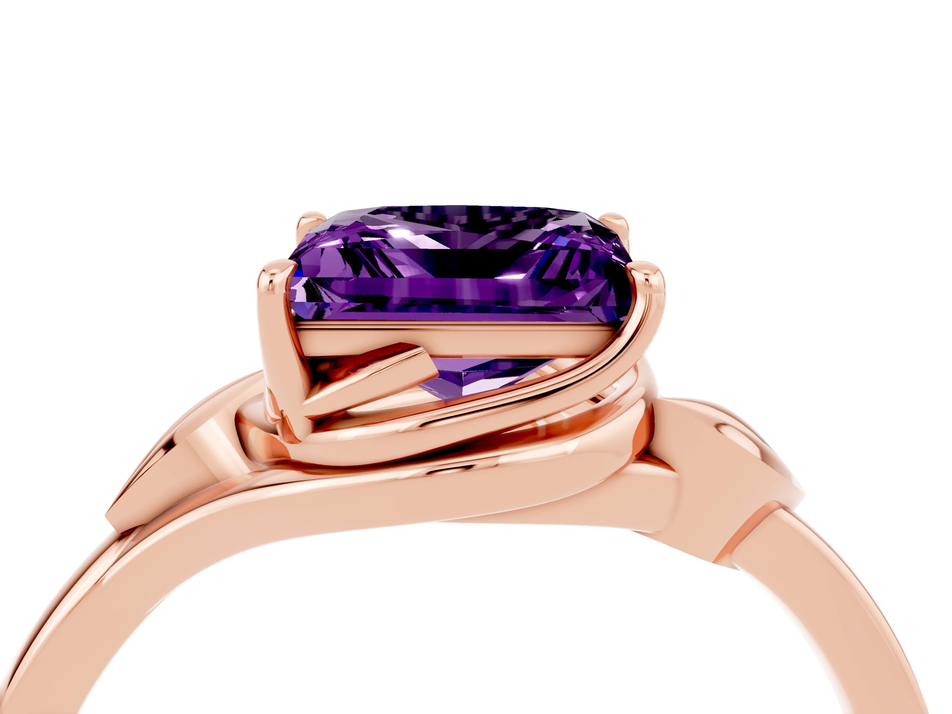 Rose gold Princess Cut Amethyst Solitaire Ring with Twist Band and Four-Prong Setting_28