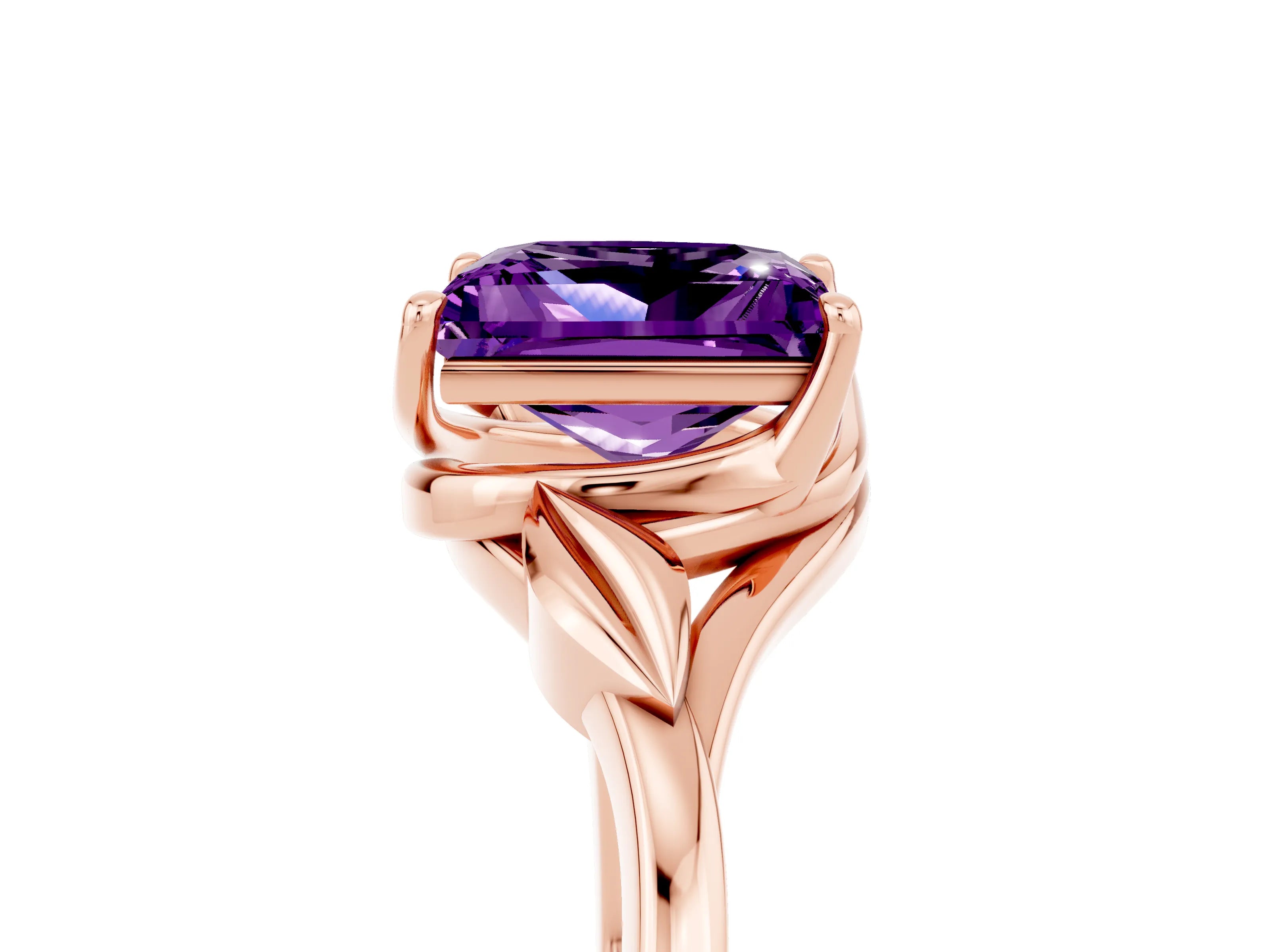 Rose gold Princess Cut Amethyst Solitaire Ring with Twist Band and Four-Prong Setting_29