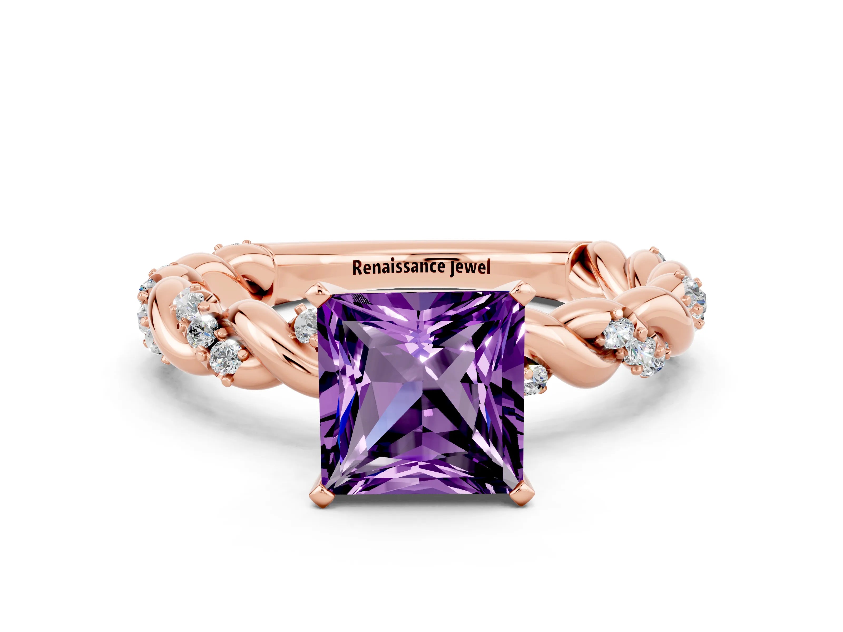 Rose gold Princess Cut Amethyst Solitaire Ring with Twisted Band and Pavé Accents