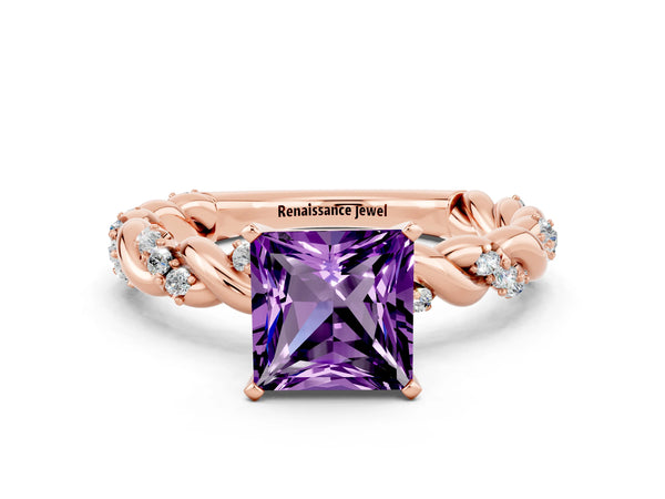 Rose gold Princess Cut Amethyst Solitaire Ring with Twisted Band and Pavé Accents