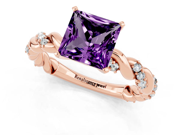 Rose gold Princess Cut Amethyst Solitaire Ring with Twisted Band and Pavé Accents