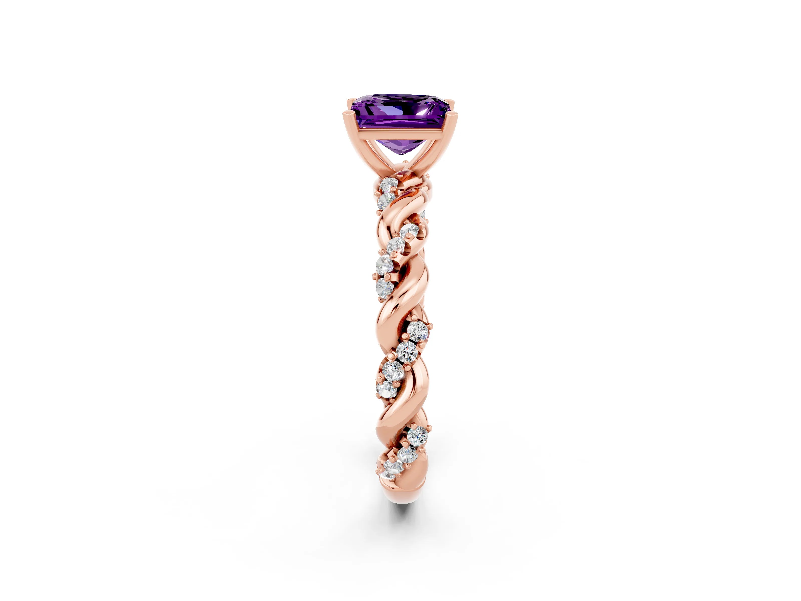 Rose gold Princess Cut Amethyst Solitaire Ring with Twisted Band and Pavé Accents_2